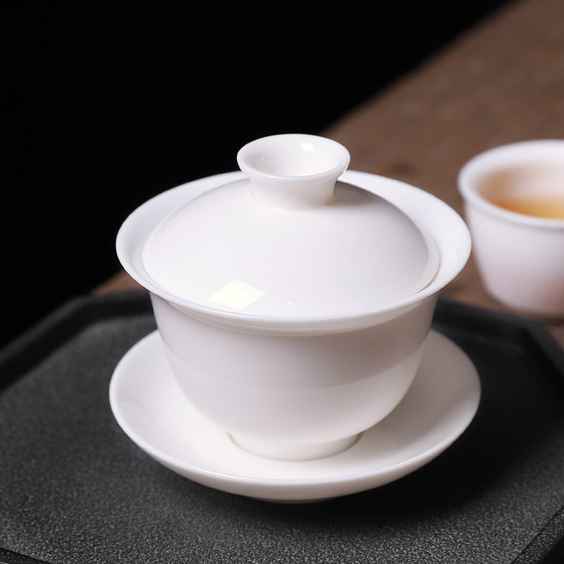 Elegant Jade White Porcelain Triple Blessing Gaiwan